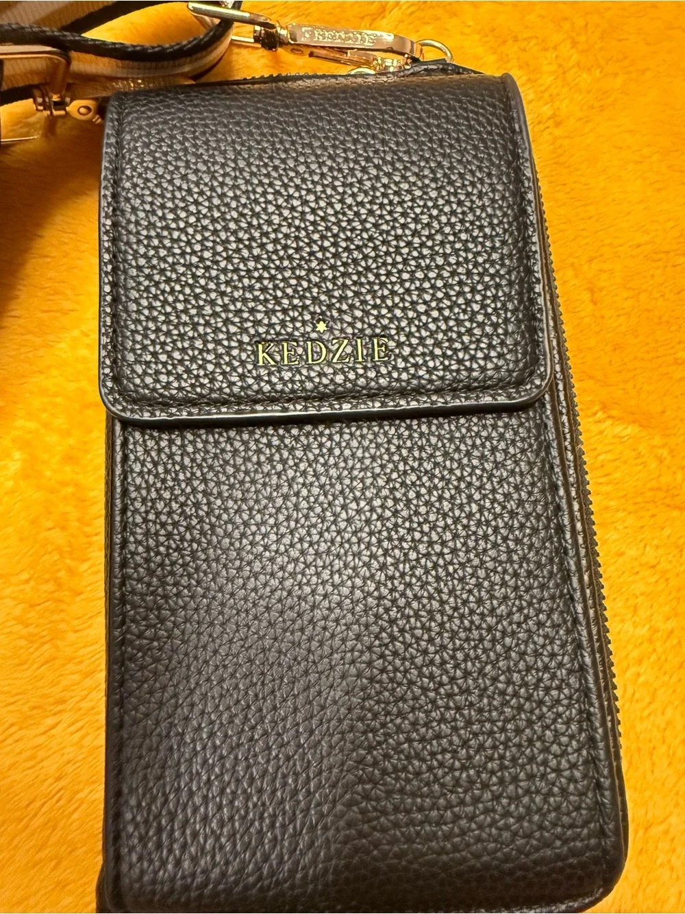 N.D. V.? Black Leather Crossbody Card & Key Holder with Striped Strap